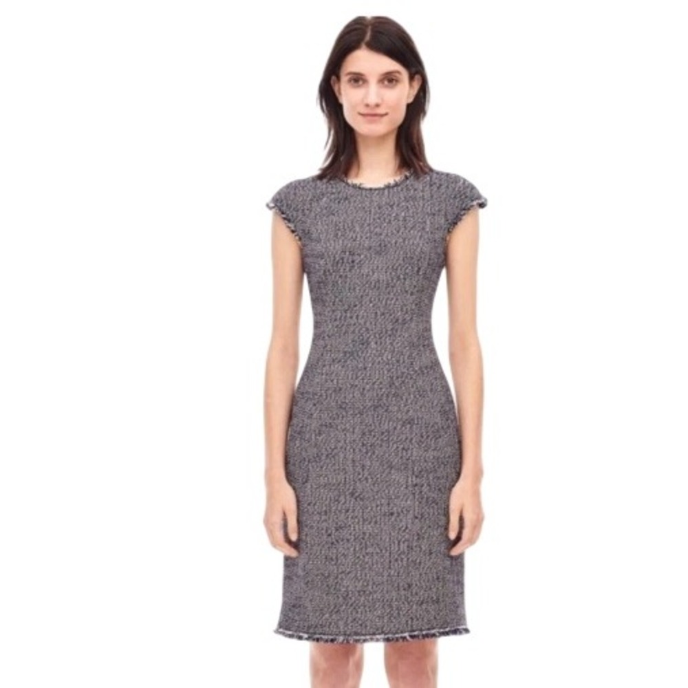 Rebecca Taylor Navy + Cream Confetti Tweed Boucle Fringe Sheath Work Dress Sz 2